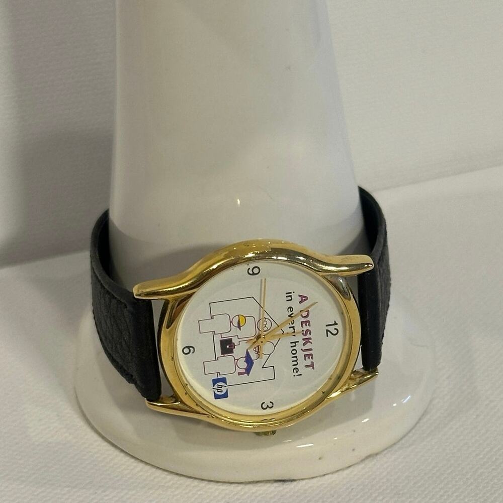 Vintage 90s HP DeskJet Promo Watch Gold Tone Case Graphic Dial Black Band